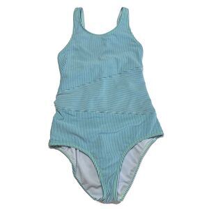 Lands End Seersucker Bathing Suit Womens 16 Aqua White One Piece Preppy Coverage